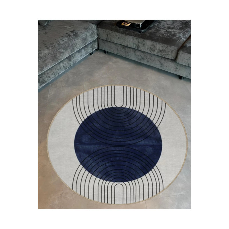 Blue Gray Themed Geometric Circle And Stripe Patterned Round Woven Base Modern Decorative Carpet, Round 2'8"