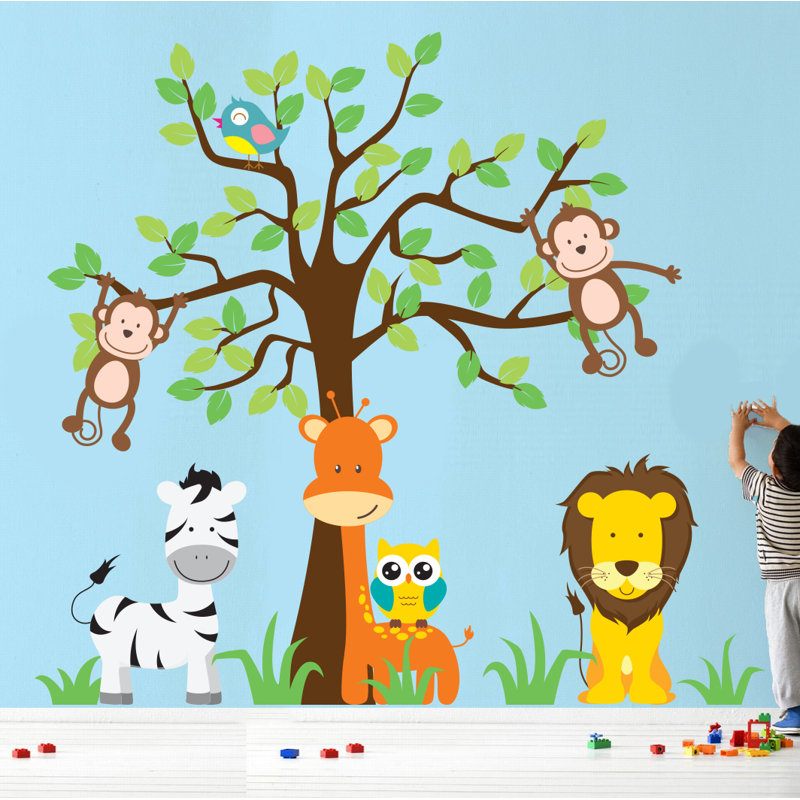 Décalcomanie murale jungle, arbre, giraffe et safari de la chambre d’enfant, Schéma A