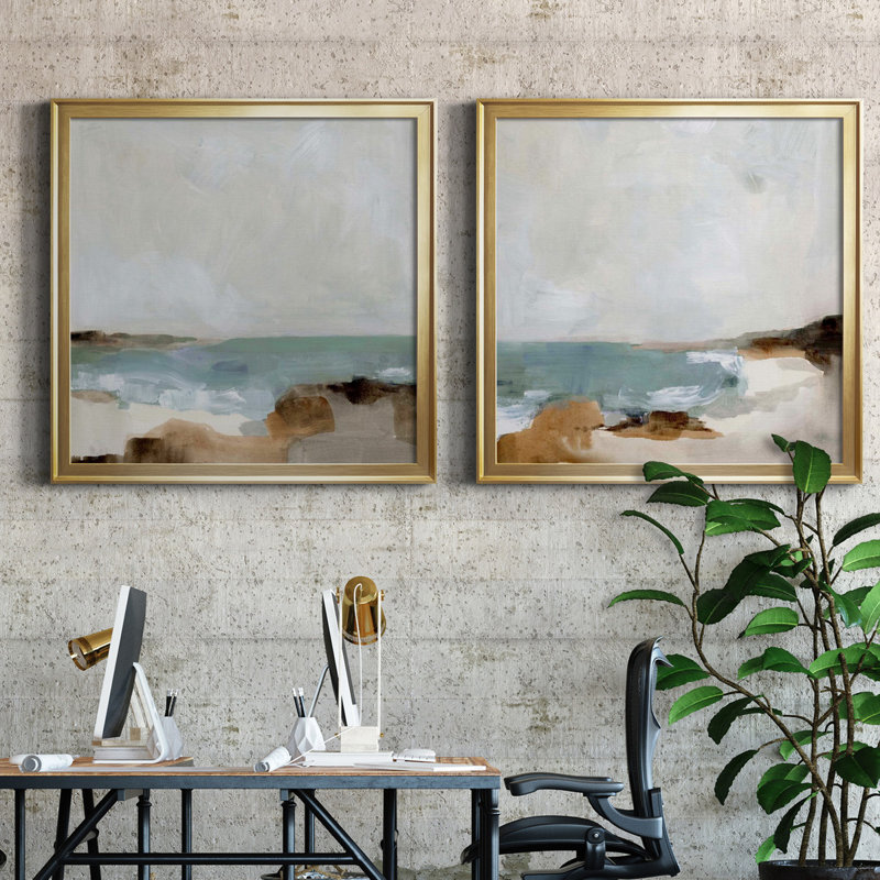 Ocean Sigh I Ocean Sigh I - ensemble de 2 cadres photo, H 34,5 po x l 69 po x P 1,5 po, Toile encadrée d'or, Pas de tapis