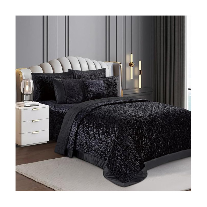 Bohara Velvet Bedspread Set, Double/King Bedspread + 2 Pillow Sham, Black