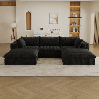 118.2" Cloud Sofa,Corduroy Fabric,Deep Seat Couches,Double-Layer Design,Removable Cushion,No Assembly, DIY Combination For Living Room, Bedroom,Conference Room ,Apartment,Black