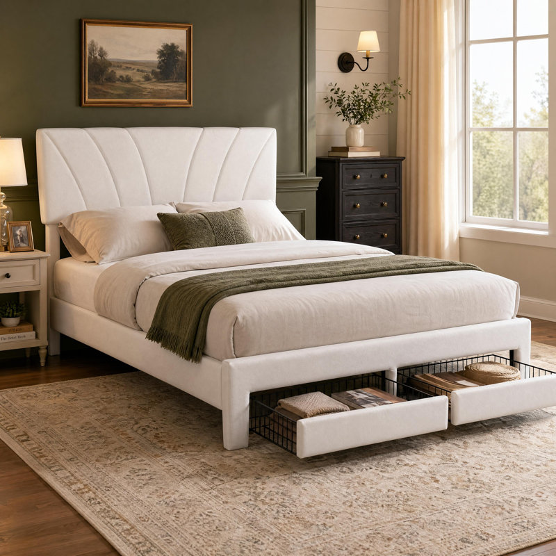 Structure de lit double avec 2 tiroirs de rangement, structure de lit double tapissier en velours avec tête de lit, support de lattes en bois, aucun sommier requis, assemblage facile, beige