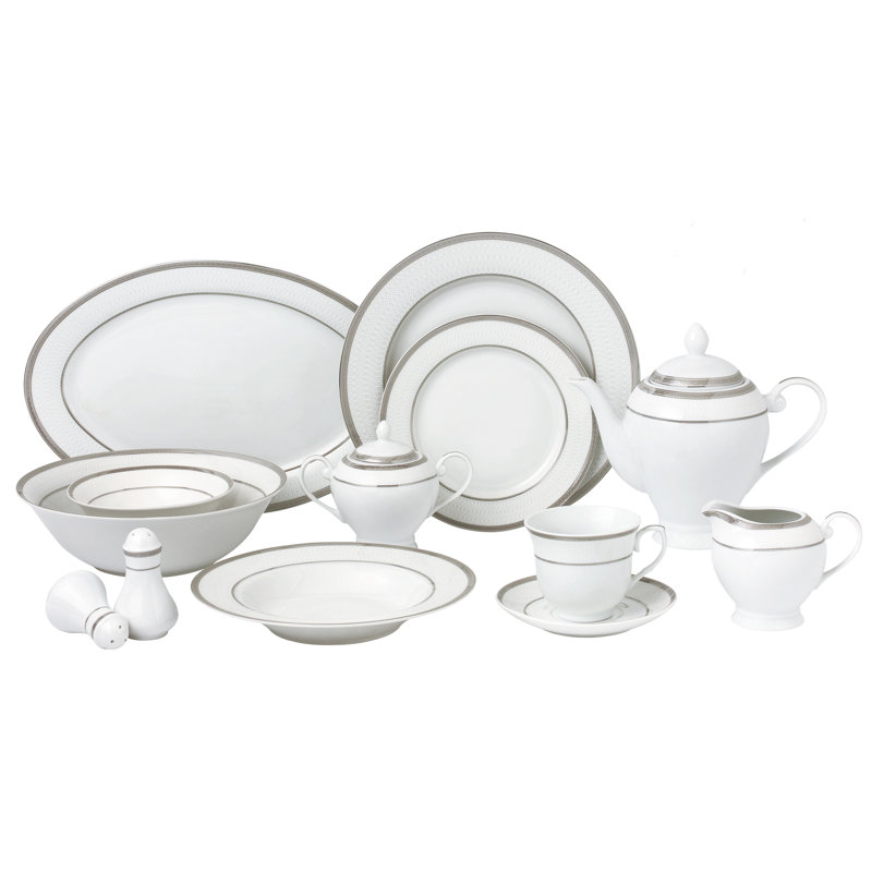 57 Piece White Porcelain Dinnerware Set with Silver Trim