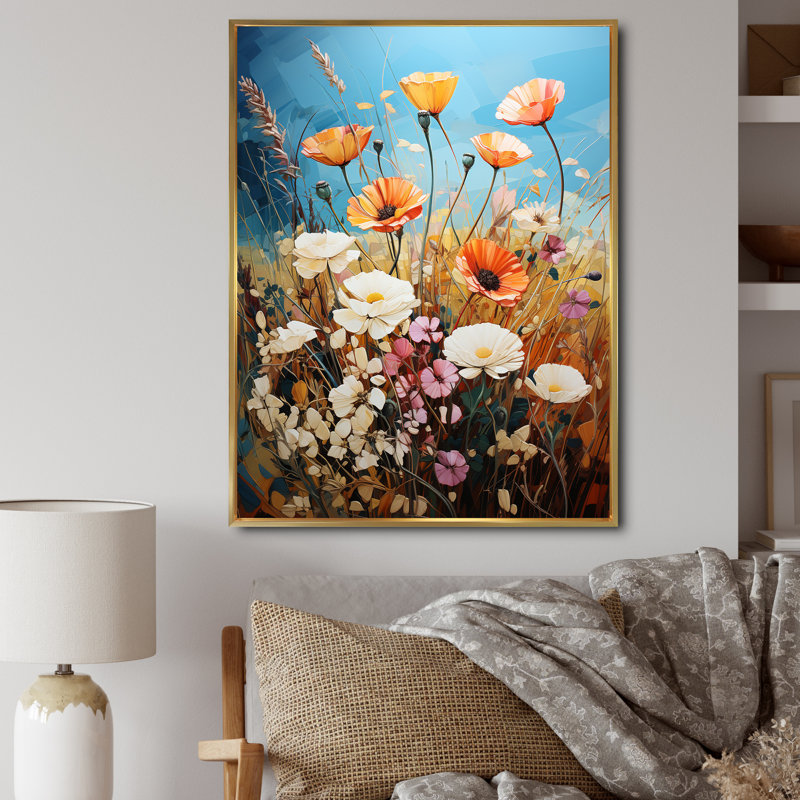 «Dazhaun Meadow Contemporary Wildflowers Pointillism», reproduction, H 32 po x l 16 po x P 1 po, Cadre flottant doré