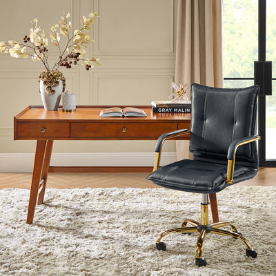 Lundgren Mid Century Modern 2-Piece Faux Leather Office Chair with Padded Arms and Solid Wood Built-in Outlets Desk Set