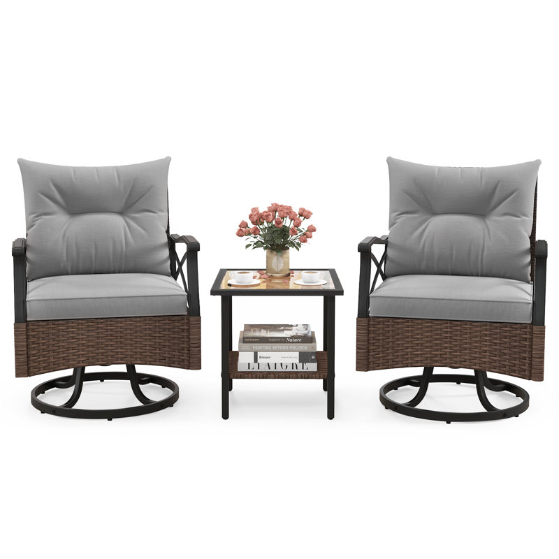 3 Piece Patio Swivel Rocker Set Wicker Rocking Chairs w/ 2-Tier Coffee Table