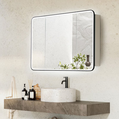 Reindeau Surface-Mount/Reccessed LED Lighted Bathroom Black Aluminum Mirror Medicine Cabinet