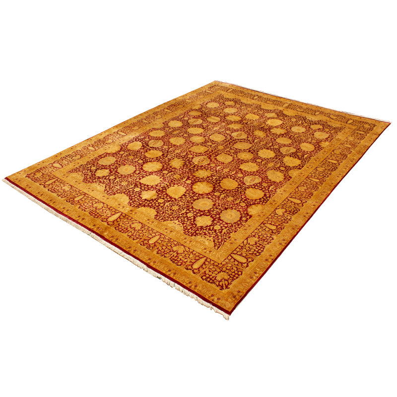 Tapis décoratif en laine rouge foncé de conception unique 8 pi 11 po x 12 pi noué à la main New Age Pakh