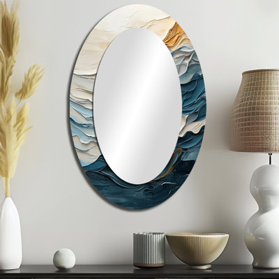 Blanc et bleu vague de marbre I - miroir mural ovale blanc côtier