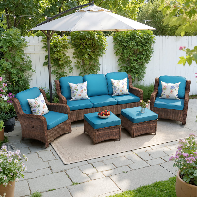 5-Piece Patio Wicker Conversation Sofa Set, All-Weather Waterproof Cushions, Durable Outdoor Furniture for Garden, Poolside, Backyard Lounge