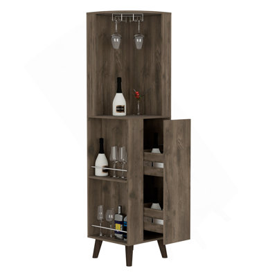 Armoire de coin Cincinatti, porte-gobelets, deux tablettes extérieures, un tiroir, quatre pieds - brun foncé