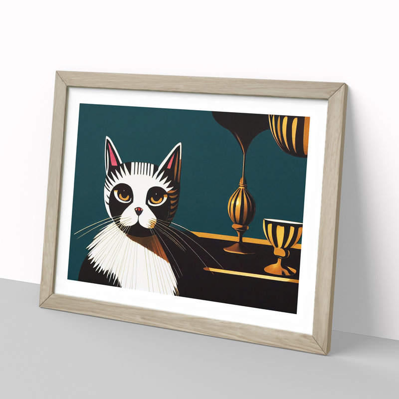 Sitting Cat Abstract - Framed Print, 25cm H x 34cm W x 2cm D, Oak