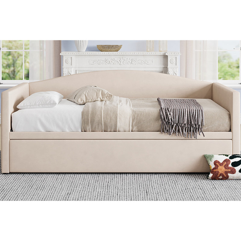 Lit de jour simple avec couchette escamotable allongée, canapé-lit rembourré, conception simple à très simple, idéale pour la chambre d'amis, velours, beige