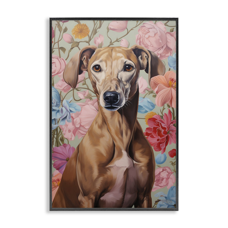 Greyhound on Florals, estampe numérique par Roozbeh Bahramali, H 18 po x l 12 po, Giclée encadrée noir minuit