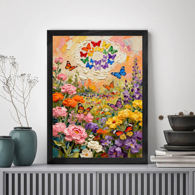 Art encadré noir, fleurs colorées rétro et beaux papillons dansant, impressions encadrées de style rétro