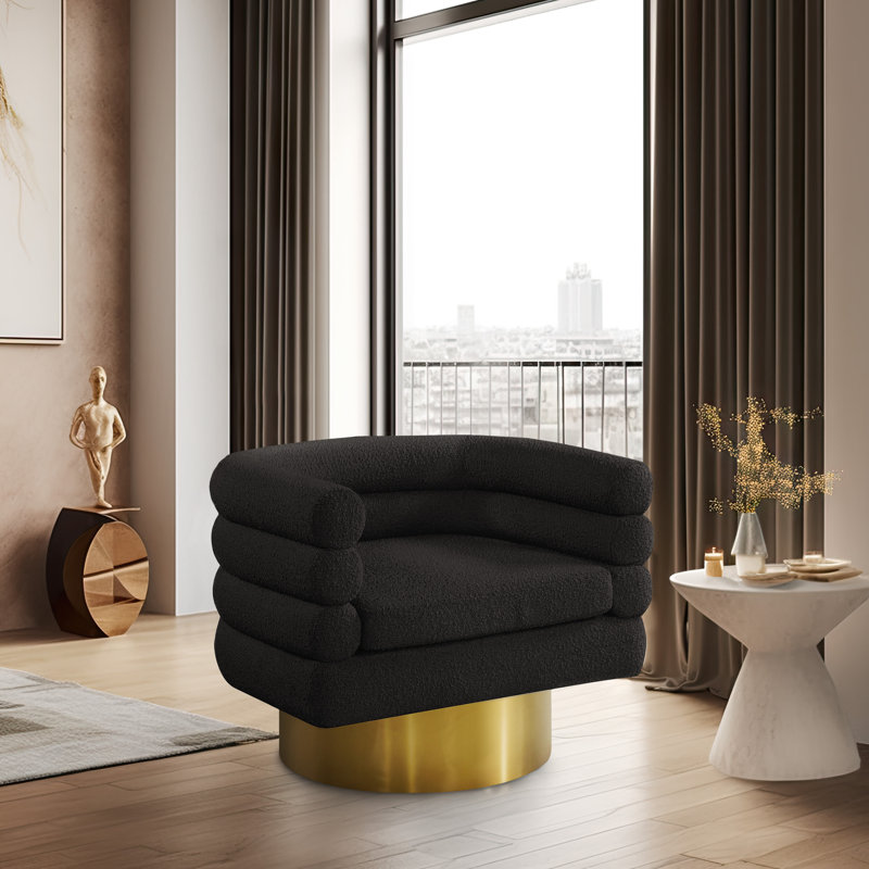 Tessa 33.5" W Boucle Swivel Barrel Chair, Black Boucle Fabric
