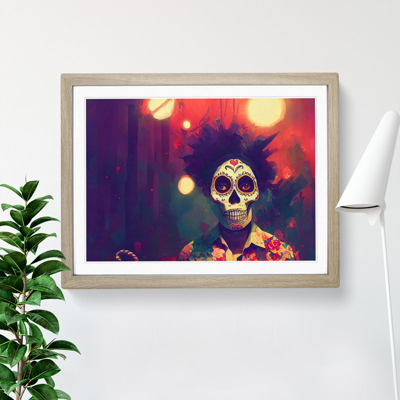 Day Of The Dead Man - Single Picture Frame Print, Oak, 25cm H x 34cm W x 2cm D