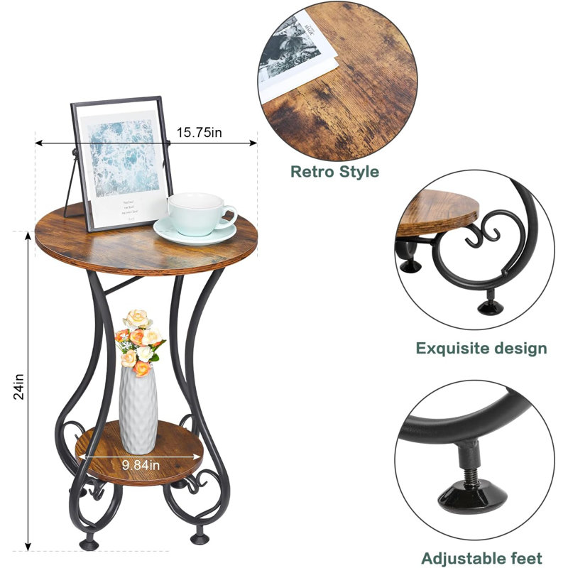Round End Table For Small Spaces, Rustic Industrial Side Table With Open Shelf, Sturdy MDF And Metal Frame, Versatile Coffee Table For Living Room, Bedroom, Office, Balcony