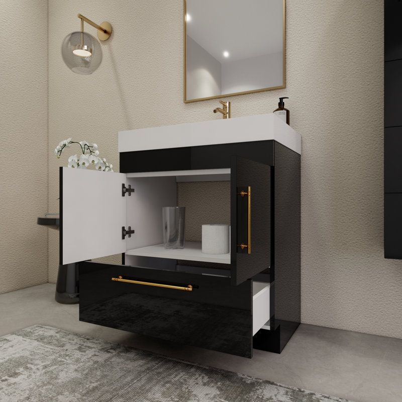 30'' Single Bathroom Vanity with Acrylic Top, Glossy Black