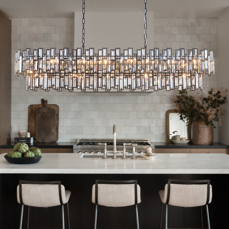 Light Dimmable Modern Rectangle Crystal Chandelier, Matte Black