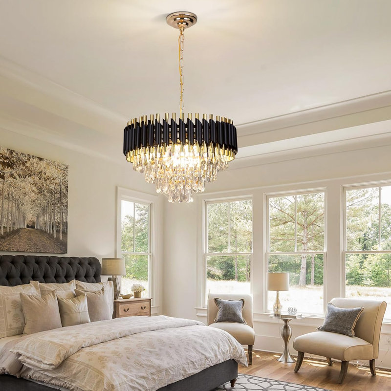 Plafonnier encastré Modern Crystal Chandelier, Noir mat / Or