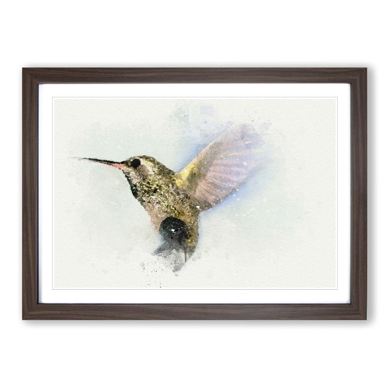 Flying Hummingbird Bird in Abstract - Framed Print, 35cm H x 50cm W x 2cm D, Walnut