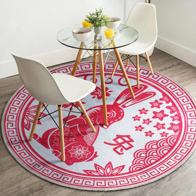 Kehr Chinese Calendar Art Deco Novelty Red Printed Distressed Machine Washable Area Rug, Round 7'10"
