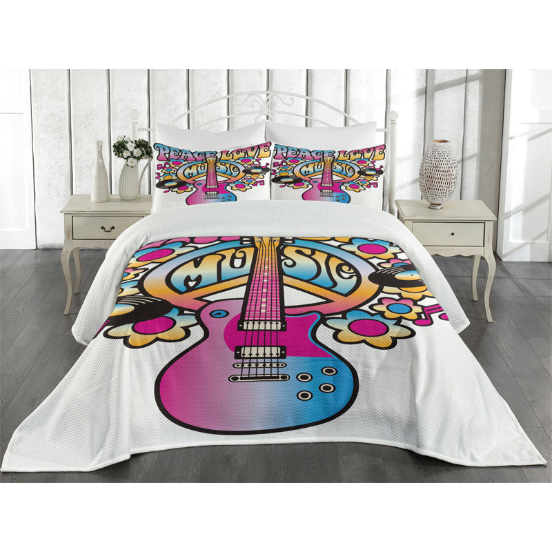 Colorful Peace Love Music Queen Quilted Bedspread Set