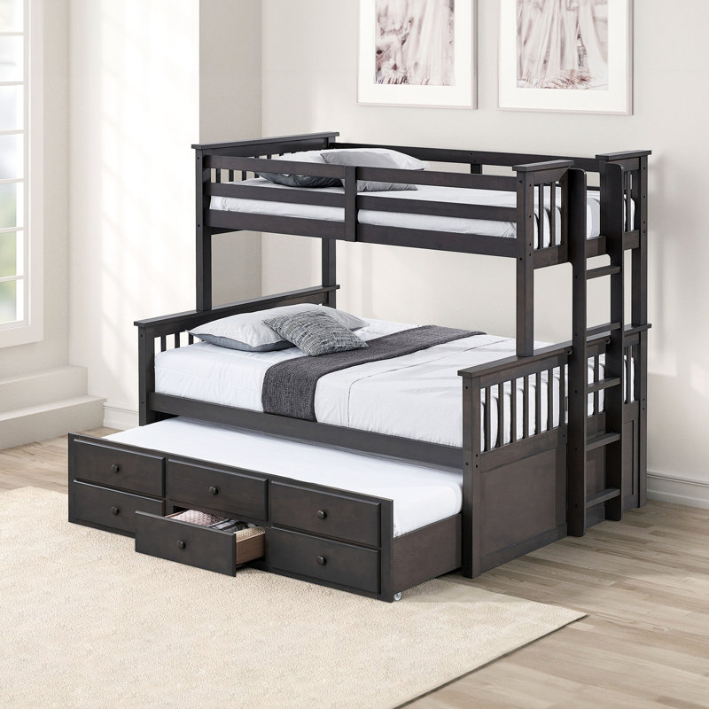 Lit superposé simple au-dessus d'un lit double avec lit gigogne de style transitionnel, mélange de gris, bois d'ingénierie massif pour les tiroirs sous le lit de la chambre à coucher, look, configuration