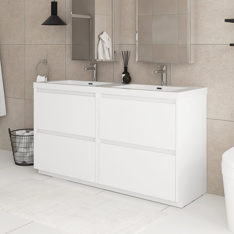 Meuble-lavabo double 60 po en chêne avec plateau en résine intégré, Blanc