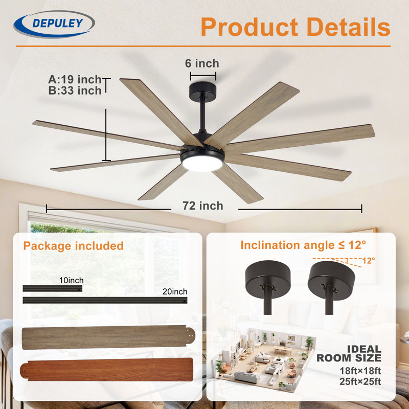 Ventilateur de plafond de 72 po avec éclairage, aspect bois, intérieur/extérieur, télécommande, 8 pales, variateur, minuterie, réversible, moteur CC silencieux, 6 vitesses