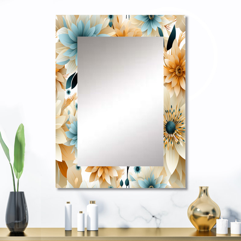 Jacobsen Blue And Beige Geometric Floral Fusion Elegance - Floral Decorative Wall Mirror, Cottage Mirror, Printed Metal Art