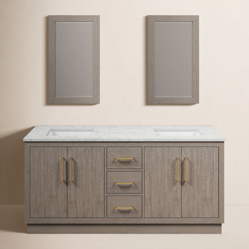 Hugo 72 In. Double Sink Carrara White Marble Countertop Vanity In Grey Oak With Mirrors, Satin Gold
