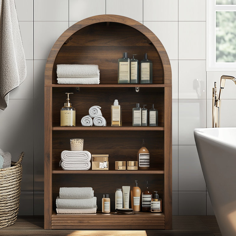 Free Standing Small Bathroom Storage with Open Shelves, Walnut