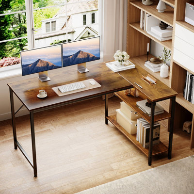 48" Reversible L Shaped Computer Desk with Shelves for Home Office,Brown