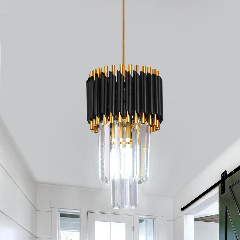 Luminaire suspendu en aluminium et cristal à 3 niveaux avec hauteur réglable, finition noire et dorée