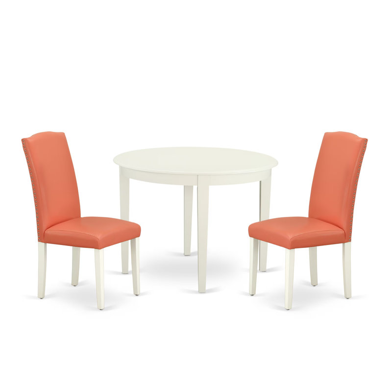 3 Piece Kitchen Table & Chairs Set Contains a Round Dining Room Table and 2 Pink Flamingo Faux Leather Parson Dining Room Chairs, 42x42 Inch, Linen White