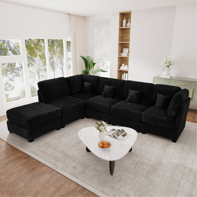 Canapé modulaire de 123 po, canapé modulaire en U avec méridienne en forme de U, canapé modulaire en velours côtelé moelleux pour siège profond, minimaliste moderne, 6 places, noir
