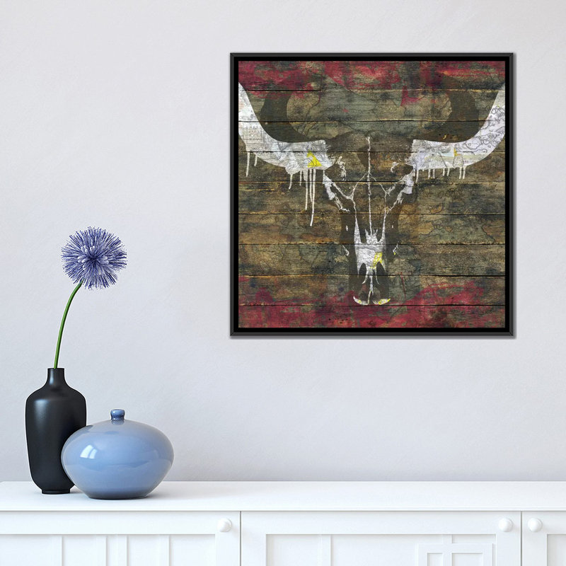 « two sides (cow crâne) », impression sur toile, H 18 po x l 18 po x P 1,5 po, Toile avec cadre noir, Pas de tapis