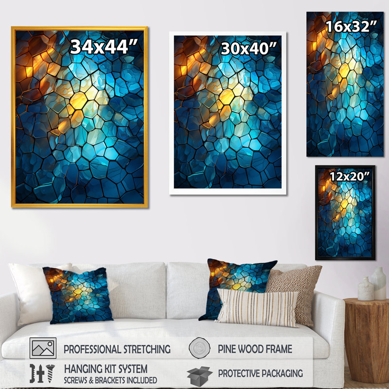 Fractale bleue et jaune mosaïque I - décoration murale abstraite, Cadre simple noir, H 44 po x l 34 po x P 1,5 po