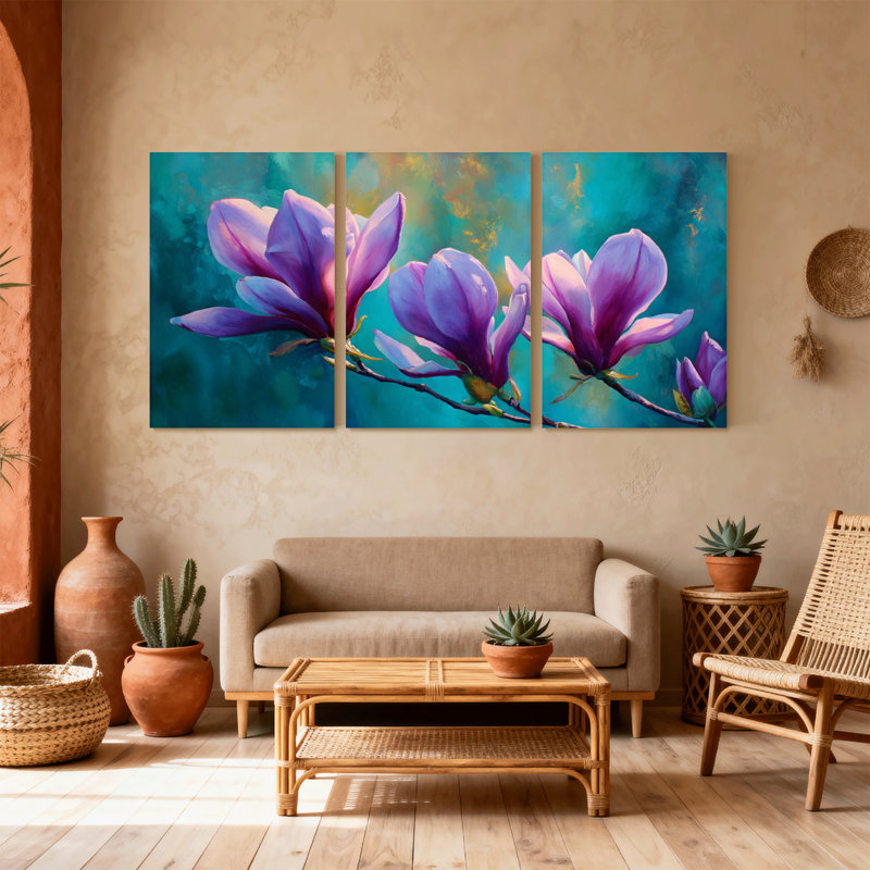 Plantes et fleurs, fleurs de magnolia mauves sur fond bleu sarcelle, ensemble de 3 impressions sur toile, H 30 po x l 60 po