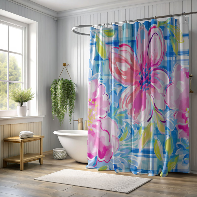 Plaid Floral Blossoms - Rideau de douche standard 1 pièce, H 74 po x l 71 po