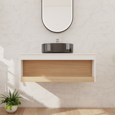 Meuble-lavabo mural simple 36 po avec lavabo en céramique et comptoir flottant avec 1 tablette ouverte
