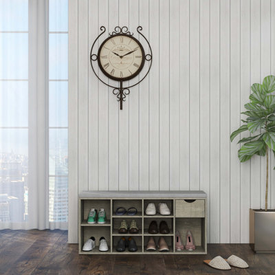 Banc de rangement, banc à chaussures, banc d'entrée avec coussin rembourré, tiroir et compartiments ouverts, banc avec rangement, banc à chaussures à 3 niveaux