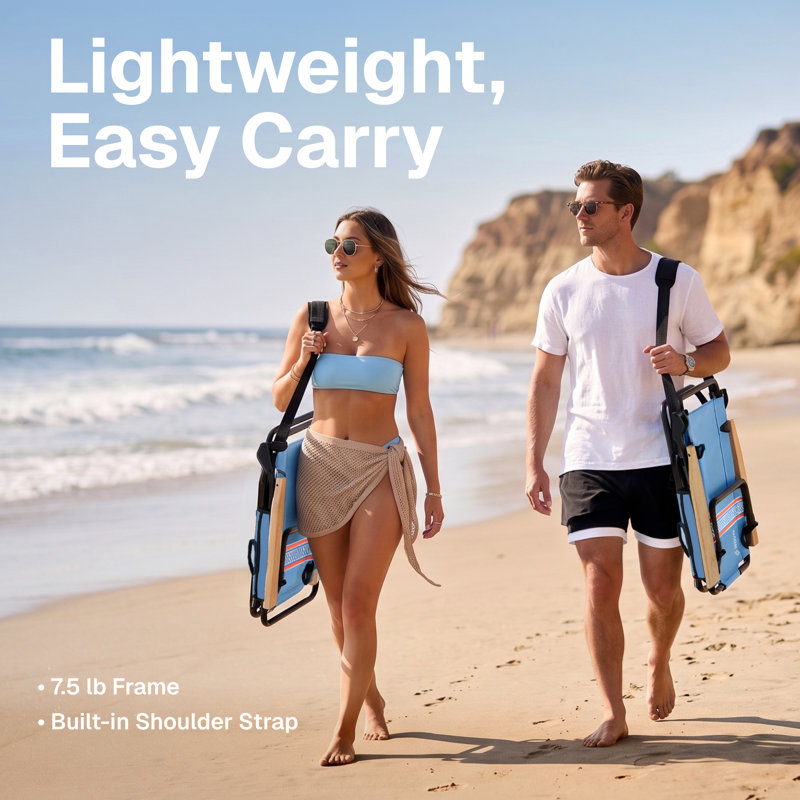  Premium Reclining Beach Chairs - Portable Lay Flat Folding Beach Chair for Adults - Includes Shoulder Backpack Strap, Pillow, 2 Pockets, and Cup Holder - Baja