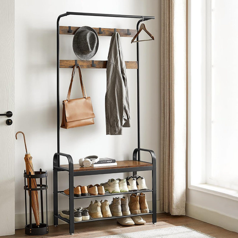 Arbre d'entrée 33 po 4 en 1 pour vestibule, portemanteau avec banc à chaussures, 9 crochets amovibles et tringle à vêtements