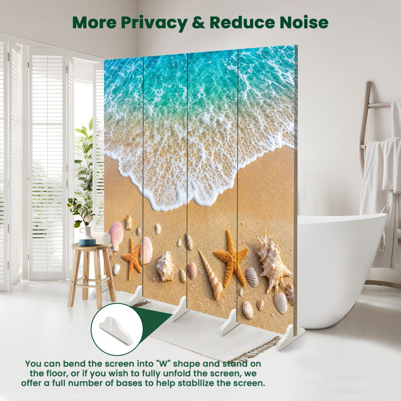 Paravent 4 panneaux séparateur de plage Royal Beach Shoreline Starfish Seashells, 71" H x 64" W x 1" D, 4