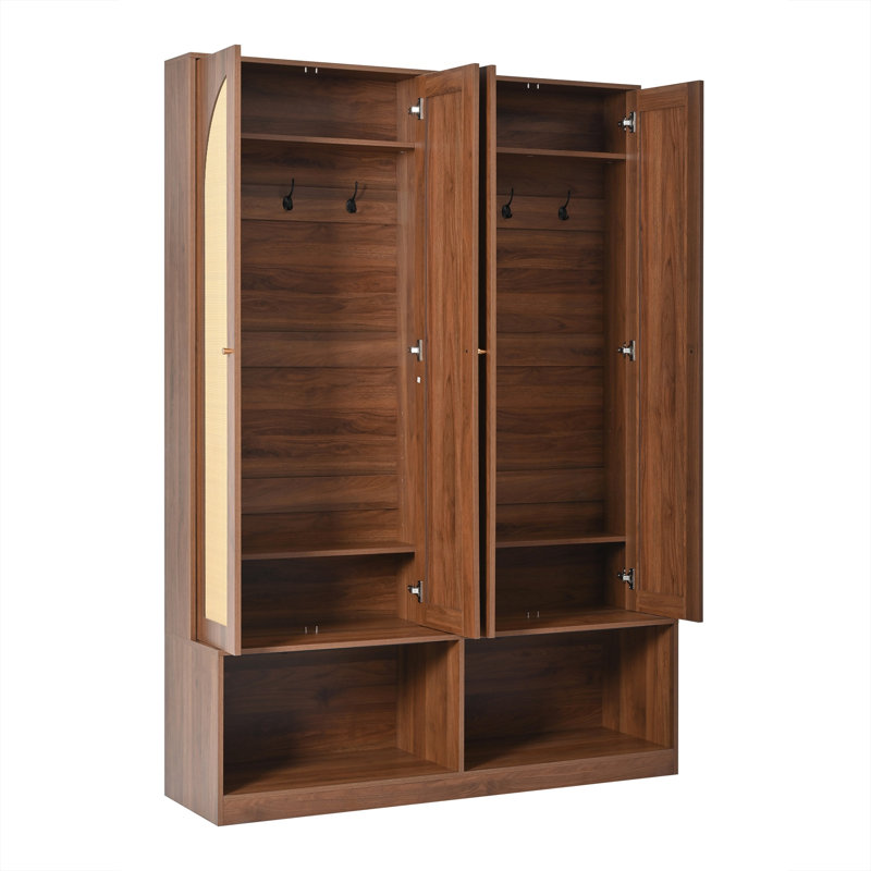 Widen Hall Tree With 4 Rattan Doors, Versatile 4-In-1 Seating Bench With 6 Hooks, Mid-Century Entryway Shoe Cabinet With Adjustable Shelf For Living Room