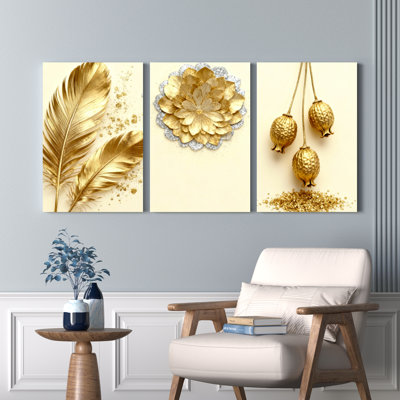Golden Feather, Flower and Ornament Canvas Wrapped Wall Art, Oil Painting Print (Set of 3)