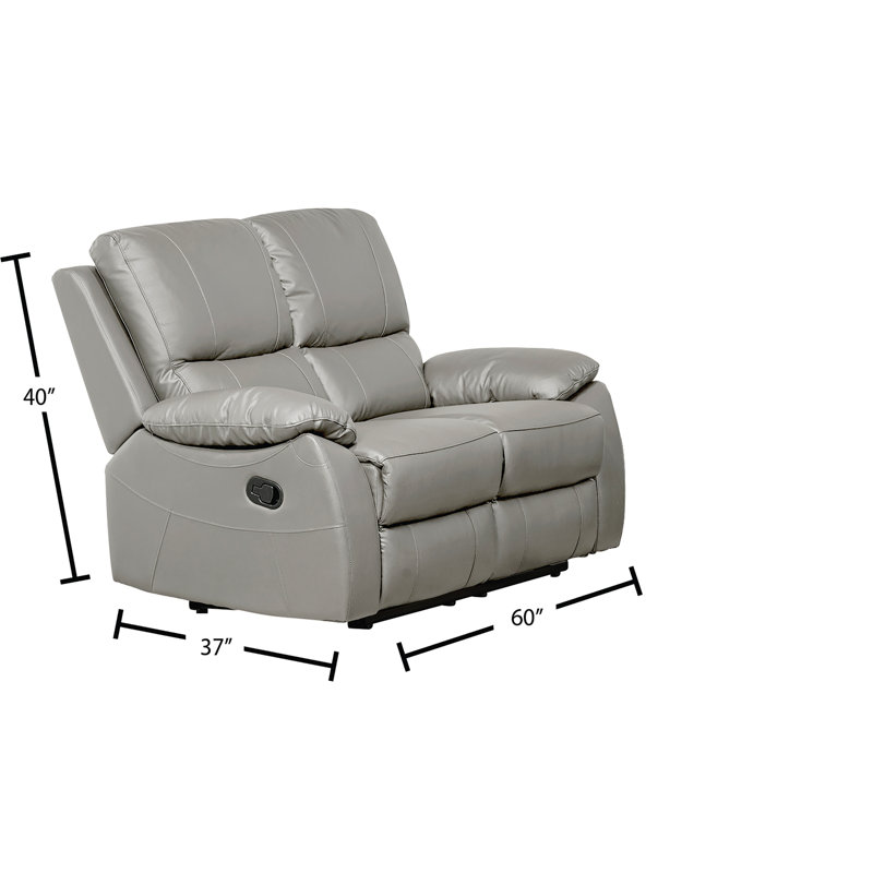 Causeuse inclinable 60 po en cuir 60 po, gris, moderne et compact, 40" H x 60" W x 37" D